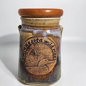 Vintage Wild Rice Blue Pottery Crock Canister Wood with Lid Duck Scene Minnesota